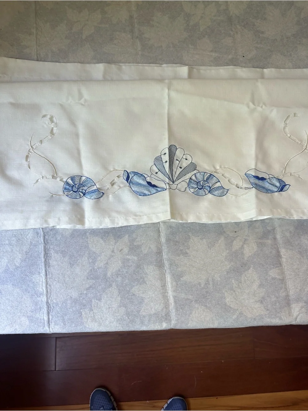White with Blue Shell Embroidery Curtain Panels and Valences